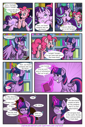 Size: 1024x1536 | Tagged: safe, artist:yogfan, imported from derpibooru, pinkie pie, starlight glimmer, twilight sparkle, alicorn, pony, comic:but i do now, book, comic, magic, swirly eyes, twilight sparkle (alicorn), twilight's castle