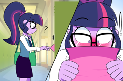 Size: 2000x1324 | Tagged: safe, artist:jase1505, imported from derpibooru, sci-twi, twilight sparkle, series:sunlight horizons, equestria girls, blushing, blushing profusely, canterlot high, clothes, exclamation point, female, glasses, implied lesbian, implied scitwishimmer, implied shipping, implied sunsetsparkle, love letter, question mark, reading, secret admirer, solo