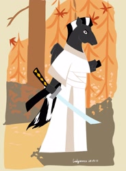 Size: 2207x3000 | Tagged: safe, artist:galgannet, imported from derpibooru, oc, oc only, oc:ruhig fortepiano, anthro, crossover, katana, samurai jack, samurai jack (character), solo, sword, weapon