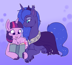 Size: 900x804 | Tagged: safe, artist:lulubell, imported from derpibooru, princess luna, twilight sparkle, alicorn, pony, unicorn, beauty and the beast, crossover, female, lesbian, reading, shipping, twiluna