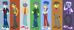 Size: 1572x652 | Tagged: safe, artist:owletbrigthness, imported from derpibooru, braeburn, caramel, comet tail, flash sentry, pokey pierce, soarin', thunderlane, equestria girls, friendship through the ages, equestria girls-ified