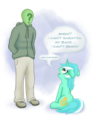 Size: 1081x1398 | Tagged: safe, artist:adequality, artist:mostazathy, imported from derpibooru, lyra heartstrings, oc, oc:anon, human, pony, unicorn, behaving like a cat, cute, duo, female, floppy ears, frown, hand, horse problems, looking up, lyra doing lyra things, lyrabetes, mare, open mouth, scratching, simple background, that pony sure does love hands, white background