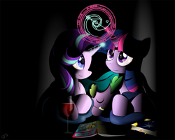 Size: 1307x1046 | Tagged: safe, artist:dsana, imported from derpibooru, spike, starlight glimmer, twilight sparkle, alicorn, dragon, pony, unicorn, alcohol, baby, baby dragon, blanket, book, cute, dark, drink, fangs, female, glass, glimmerbetes, magazine, magic, magic circle, male, mama twilight, mare, mother and child, mother and son, prone, signature, sleeping, spell, spikabetes, spikelove, twiabetes, twilight sparkle (alicorn), wine