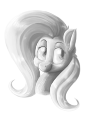 Size: 840x1200 | Tagged: safe, artist:tentinythimbles, imported from derpibooru, fluttershy, bust, female, grayscale, looking away, looking up, monochrome, portrait, simple background, smiling, solo, white background