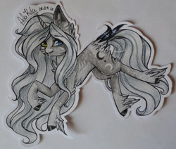 Size: 1024x869 | Tagged: safe, artist:adakola, imported from derpibooru, oc, oc only, oc:lunae, pony, unicorn, female, heterochromia, mare, paper, solo, traditional art