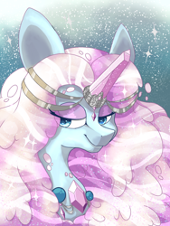 Size: 1024x1365 | Tagged: safe, artist:nebulanovia, imported from derpibooru, oc, oc only, oc:dazzling, original species, pond pony, pony, bust, crystal horn, female, mare, portrait, smiling, solo