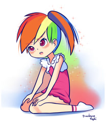 Size: 720x864 | Tagged: safe, artist:drantyno, imported from derpibooru, rainbow dash, human, alternate hairstyle, blushing, clothes, cute, dashabetes, dress, female, humanized, light skin, rainbow dash always dresses in style, short dress, side ponytail, solo, younger