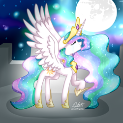 Size: 1024x1024 | Tagged: safe, artist:adakola, imported from derpibooru, princess celestia, alicorn, pony, crown, crying, female, jewelry, mare, moon, peytral, raised hoof, regalia, sad, spread wings, wings