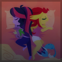 Size: 752x752 | Tagged: safe, artist:little-tweenframes, deleted from derpibooru, imported from derpibooru, princess ember, sci-twi, spike, spike the regular dog, sunset shimmer, twilight sparkle, cat, dog, series:sciset diary, equestria girls, bed, catified, clothes, cute, ember the cat, emberbetes, female, lesbian, lineless, pajamas, pillow, scitwishimmer, shimmerbetes, shipping, sleeping, species swap, spikabetes, sunsetsparkle, twiabetes