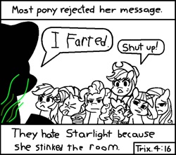 Size: 714x630 | Tagged: safe, artist:threetwotwo32232, edit, imported from derpibooru, applejack, fluttershy, pinkie pie, rainbow dash, rarity, spike, starlight glimmer, twilight sparkle, dragon, chick tract, exploitable, exploitable meme, fart, fart edit, fart joke, implied farting, jack chick, mane six, meme, most people rejected his message