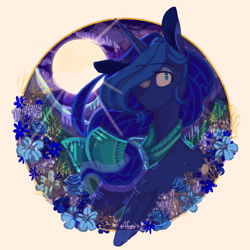 Size: 4133x4133 | Tagged: safe, artist:keursh29, imported from derpibooru, princess luna, absurd resolution, clothes, female, flower, moon, night, scarf, solo