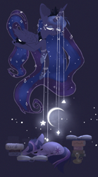 Size: 1000x1800 | Tagged: dead source, safe, artist:rinioshi, imported from derpibooru, princess luna, twilight sparkle, book, dream walker luna, eyes closed, moon, prone, sleeping, stars