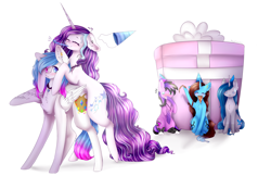 Size: 3980x2580 | Tagged: safe, artist:magicalbrownie, imported from derpibooru, oc, oc only, oc:amanda, oc:dess, oc:heart light, oc:magical brownie, earth pony, pegasus, pony, unicorn, female, hat, high res, mare, party hat, present