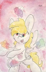 Size: 683x1061 | Tagged: safe, artist:slightlyshade, imported from derpibooru, derpy hooves, pegasus, pony, apron, clothes, female, food, high, mare, muffin, solo