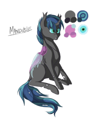 Size: 1024x1365 | Tagged: safe, artist:absolutecactus, imported from derpibooru, oc, oc only, oc:chamber music masquerade, oc:mandible, changeling, changepony, hybrid, changeling pony, changeling prince, crossbreed, interspecies offspring, next generation, nextgen:chaos party, offspring, parent:queen chrysalis, parent:shining armor, parents:shining chrysalis, reference sheet, simple background, transparent background