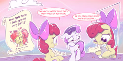 Size: 6000x3000 | Tagged: safe, artist:bobdude0, artist:dilarus, deleted from derpibooru, imported from derpibooru, apple bloom, sweetie belle, earth pony, pony, unicorn, meet-the-pones, :t, absurd resolution, blushing, bow, cloud, comic, confession, cute, dialogue, embarrassed, eyes closed, female, filly, floppy ears, freckles, frown, hair bow, heart, hoof hold, lesbian, letter, looking down, not creepy, open mouth, reading, scroll, shipping, shy, sky, smiling, speech bubble, stalker, sweetiebloom, uncomfortable, worried