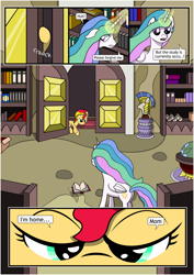 Size: 1488x2105 | Tagged: safe, artist:fimstargazer, imported from derpibooru, princess celestia, sunset shimmer, pony, comic:memories, book, bookshelf, comic, dialogue, homesick shimmer, magic, momlestia, reunion, telekinesis, the prodigal sunset