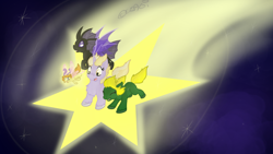 Size: 1024x576 | Tagged: safe, artist:usagi-zakura, imported from derpibooru, dinky hooves, oc, oc:alphaeus, oc:shooting star, breezie, changeling, pony, unicorn, doctor who, jenny, jenny the doctor's daughter, stars