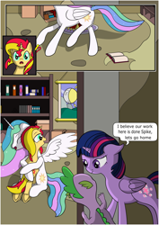 Size: 1488x2105 | Tagged: safe, artist:fimstargazer, imported from derpibooru, princess celestia, spike, sunset shimmer, twilight sparkle, alicorn, dragon, pony, unicorn, comic:memories, book, bookshelf, comic, forgiveness, happy, homesick shimmer, hug, momlestia, reconciliation, reunion, the prodigal sunset, twilight sparkle (alicorn), underhoof