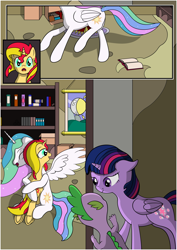 Size: 1488x2105 | Tagged: safe, artist:fimstargazer, imported from derpibooru, princess celestia, spike, sunset shimmer, twilight sparkle, alicorn, dragon, hog, pony, unicorn, comic:memories, book, bookshelf, comic, forgiveness, happy, homesick shimmer, hug, momlestia, reunion, the prodigal sunset, twilight sparkle (alicorn), underhoof