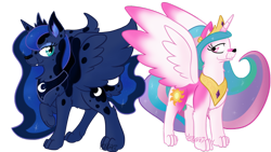 Size: 1024x576 | Tagged: safe, artist:usagi-zakura, imported from derpibooru, princess celestia, princess luna, wolf, my little wolf, species swap