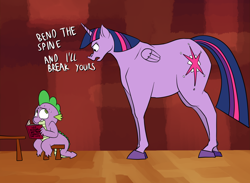 Size: 1500x1100 | Tagged: safe, artist:anontheanon, imported from derpibooru, spike, twilight sparkle, alicorn, dragon, horse, pony, abuse, angry, book, bookhorse, colored hooves, dialogue, female, lip bite, male, mare, scared, size difference, small head, small wings, stool, sweat, table, that pony sure does love books, threat, twilight sparkle (alicorn)