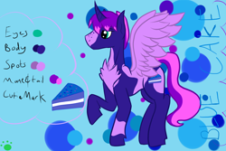 Size: 3000x2000 | Tagged: safe, artist:vorian caverns, imported from derpibooru, oc, oc only, oc:blue cake, alicorn, pony, alicorn oc, bad handwriting, blue background, chest fluff, commission, cutie mark, freckles, green eyes, horn, male, multicolored hair, reference sheet, signature, simple background, solo, spots, spread wings, text, wings