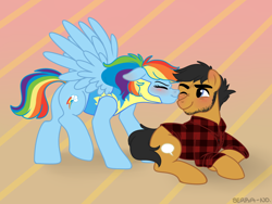 Size: 1200x900 | Tagged: safe, artist:serra-no, imported from derpibooru, quibble pants, rainbow dash, alternate hairstyle, beard, blushing, clothes, facial hair, female, flannel, kissing, male, quibbledash, shipping, story in the source, straight, uniform, wonderbolt trainee uniform