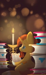 Size: 800x1280 | Tagged: safe, artist:laps-sp, imported from derpibooru, sunburst, pony, unicorn, beard, book, bookmark, candle, facial hair, glasses, lying down, male, on side, reading, side, solo, stallion, underhoof