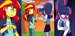 Size: 2075x1000 | Tagged: safe, artist:jase1505, imported from derpibooru, sci-twi, sunset shimmer, twilight sparkle, series:sunlight horizons, equestria girls, blushing, clothes, female, glasses, lesbian, looking away, nervous, ponytail, scitwishimmer, shipping, sunsetsparkle