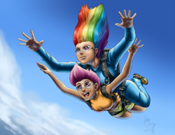 Size: 1760x1360 | Tagged: safe, artist:aphexangel, imported from derpibooru, rainbow dash, scootaloo, human, air ponyville, armpits, clothes, commission, falling, freefall, goggles, humanized, parachute, scootalove, sky, skydiving