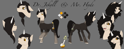 Size: 3000x1200 | Tagged: safe, artist:d-lowell, imported from derpibooru, pony, unicorn, colored pupils, commission, dr jekyll and mr hyde, floppy ears, open mouth, ponified, reference sheet, simple background, smiling