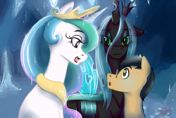 Size: 1000x666 | Tagged: safe, artist:ryuredwings, imported from derpibooru, princess celestia, queen chrysalis, oc, oc:pen stroke, alicorn, changeling, pony, glasses