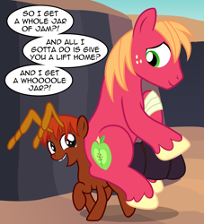 Size: 2140x2360 | Tagged: safe, artist:badumsquish, derpibooru exclusive, imported from derpibooru, big macintosh, oc, ant, ant pony, bug pony, insect, monster pony, original species, bandage, bribery, dialogue, duo, gap teeth, grin, happy, honeypot ants, injured, looking back, male, multiple legs, multiple limbs, ponies riding ponies, red coat, riding, six legs, smiling