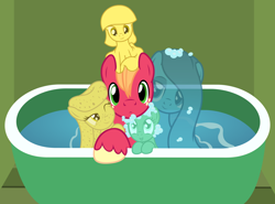 Size: 2862x2123 | Tagged: safe, artist:badumsquish, derpibooru exclusive, imported from derpibooru, big macintosh, oc, oc:warm waters, oc:zesty suds, earth pony, goo pony, object pony, original species, pony, soap pony, sponge pony, wash cloth pony, water pony, bath, bathtub, bedroom eyes, big macintosh gets all the mares, bubble, female, forced bathing, grin, looking at you, male, nervous, one eye closed, ponified, smiling, soap, sponge, squishy cheeks, straight, wash cloth, water, wink