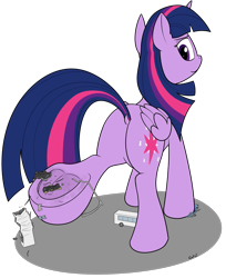 Size: 1733x2127 | Tagged: safe, artist:rapidstrike, imported from derpibooru, twilight sparkle, alicorn, pony, car, crushing, dock, female, giant pony, looking back, loss (meme), macro, mega twilight sparkle, rear view, request, requested art, solo, truck, twilight sparkle (alicorn), underhoof