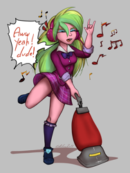 Size: 3120x4160 | Tagged: safe, artist:gabbslines, imported from derpibooru, lemon zest, equestria girls, friendship games, absurd resolution, clothes, commission, crystal prep academy uniform, cute, devil horn (gesture), dialogue, eyes closed, eyeshadow, female, gray background, headphones, kneesocks, legs, listening, makeup, music notes, open mouth, plaid skirt, pleated skirt, raised leg, rock and roll, school uniform, schrödinger's pantsu, shoes, simple background, singing, skirt, skirt lift, socks, solo, thighs, upskirt denied, vacuum cleaner