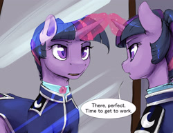 Size: 3300x2550 | Tagged: safe, artist:silfoe, imported from derpibooru, twilight sparkle, pony, unicorn, moonsetmlp, alternate universe, clothes, dialogue, epaulettes, female, glowing horn, mare, mirror, night maid twilight, reflection, solo, speech bubble, unicorn twilight, uniform