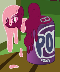 Size: 2198x2636 | Tagged: safe, artist:badumsquish, derpibooru exclusive, imported from derpibooru, oc, oc only, food pony, goo pony, original species, pony, soda pony, can, female, grape soda (drink), lidded eyes, looking at you, overflowing, ponified, smiling, smirk, soda can, solo, table