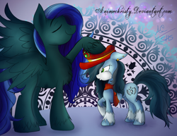 Size: 1024x791 | Tagged: safe, artist:animechristy, imported from derpibooru, oc, oc only, oc:gaillen, oc:mad munchkin, earth pony, pegasus, pony, clothes, commission, eyes closed, raised hoof, scarf, signature, size difference, unshorn fetlocks