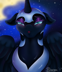 Size: 1050x1229 | Tagged: safe, artist:marcushunter, imported from derpibooru, nightmare moon, alicorn, pony, blushing, bust, female, floppy ears, kissy face, lidded eyes, looking at you, nicemare moon, portrait, solo