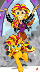 Size: 720x1280 | Tagged: safe, artist:andypriceart, artist:leone di cielo, imported from derpibooru, sunset shimmer, pony, unicorn, equestria girls, >:d, cute, duo, evil grin, grin, happy, human ponidox, magic mirror, self ponidox, shimmerbetes, smiling