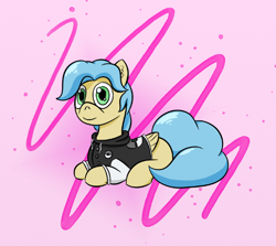 Size: 800x715 | Tagged: safe, artist:letterbomb, imported from derpibooru, oc, oc only, oc:leapingriver, pegasus, pony, clothes, comfy, ear fluff, hoodie, looking at you, lying down, pink background, pokémon, pokémon trainer, prone, simple background, solo, wide eyes