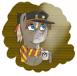 Size: 2100x2087 | Tagged: safe, artist:1101001, imported from derpibooru, oc, oc only, oc:ciel l'etranger, almost jojo, coffee, colt, male, morning, simple background, solo