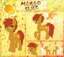 Size: 1280x1138 | Tagged: safe, artist:pastel-pony-princess, imported from derpibooru, oc, oc only, oc:mango slice, bat pony, pony, food, mango, reference sheet, shy, smolpone