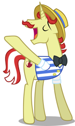 Size: 1785x3000 | Tagged: safe, artist:brony-works, imported from derpibooru, flam, pony, unicorn, the super speedy cider squeezy 6000, clothes, eyes closed, hat, hooves, male, simple background, solo, transparent background, vector