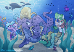 Size: 1024x724 | Tagged: safe, artist:inuhoshi-to-darkpen, imported from derpibooru, steven magnet, oc, fish, merpony, sea serpent, whale, fangs, group, one eye closed, open mouth, sand, seaweed, signature, swimming, underwater, water, wink