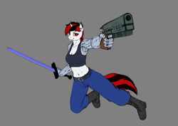 Size: 707x500 | Tagged: safe, artist:wwredgrave, imported from derpibooru, oc, oc only, oc:blackjack, anthro, fallout equestria, fallout equestria: project horizons, belt, clothes, female, gray background, gun, midriff, pants, simple background, solo, sword, weapon