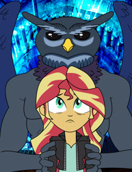 Size: 2550x3300 | Tagged: safe, artist:feroxultrus, imported from derpibooru, sunset shimmer, demon, owl, equestria girls, abs, andras, black sclera, clothes, commander, duo, fanfic, fanfic art, fear, feather, female, frown, goetia, hell, humanoid, jacket, looking up, male, possession, scruffy, spread wings, wings, worried, worry