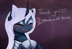 Size: 1280x880 | Tagged: safe, artist:magnaluna, imported from derpibooru, princess luna, alicorn, pony, alternate design, blushing, bust, curved horn, cute, dialogue, ear fluff, eyes closed, fangs, female, fluffy, heart, hooves together, lunabetes, mare, open mouth, smiling, solo, thank you, tumblr, white hair